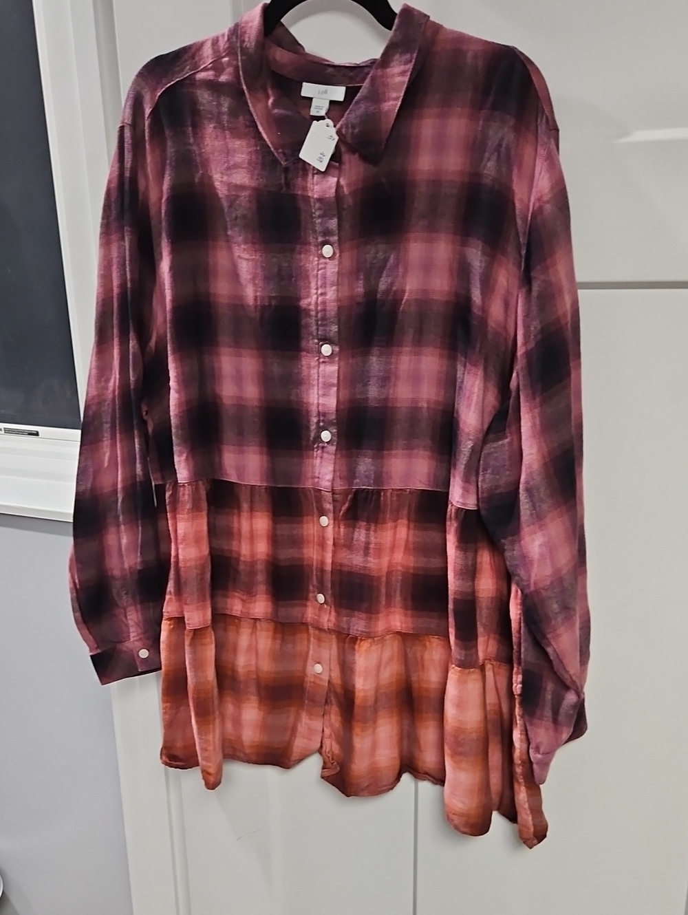 J. Jill Pink and Coral Plaid Tiered Button-Down Shirt